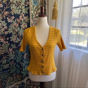 Mustard Yellow and White Striped Ribbed Button up Half Sleeve Shirt